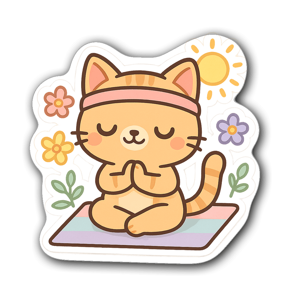 Kawaii chibi yoga cat sitting on a mat with flowers and a sun