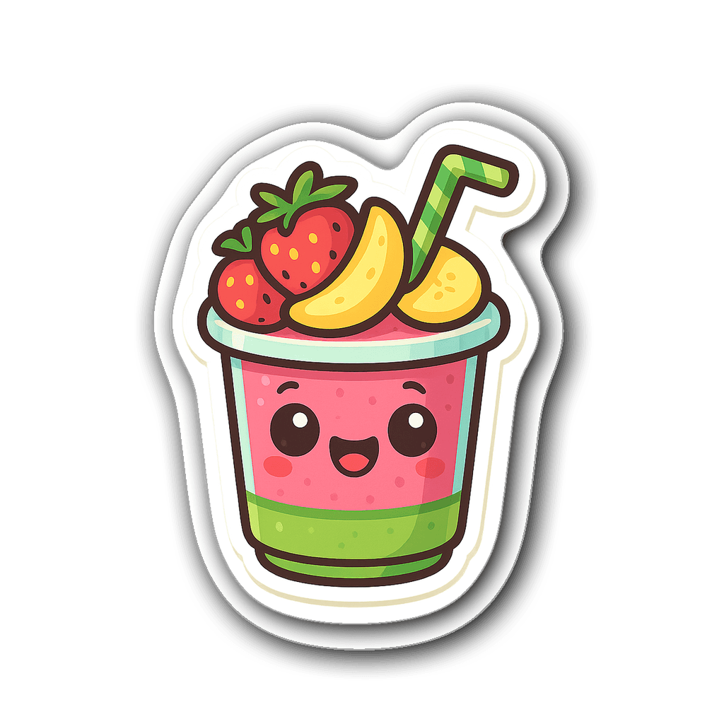 Kawaii chibi smoothie cup sticker with fruits and smiling eyes