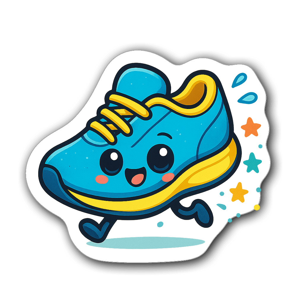 Kawaii Chibi running shoe sticker with colorful stars and eyes