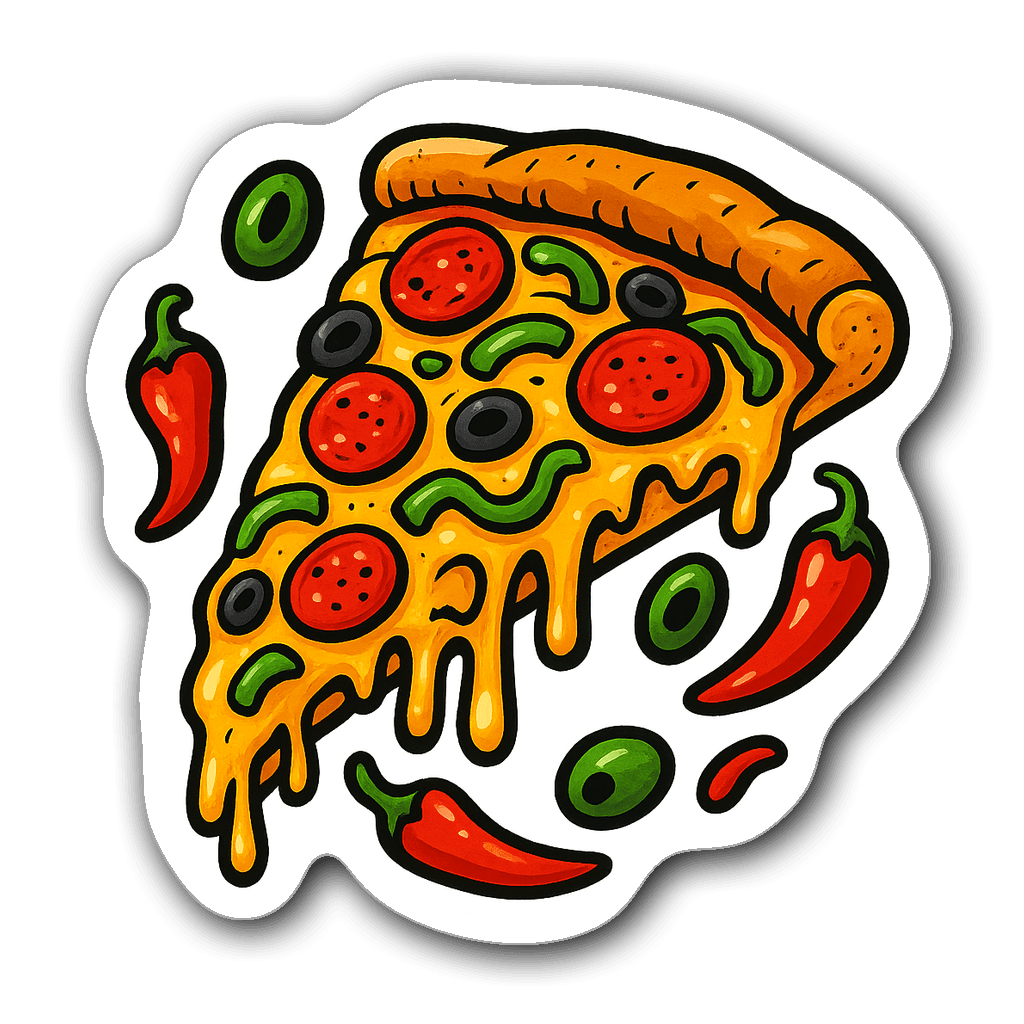 Vibrant slice of pizza die-cut sticker with toppings