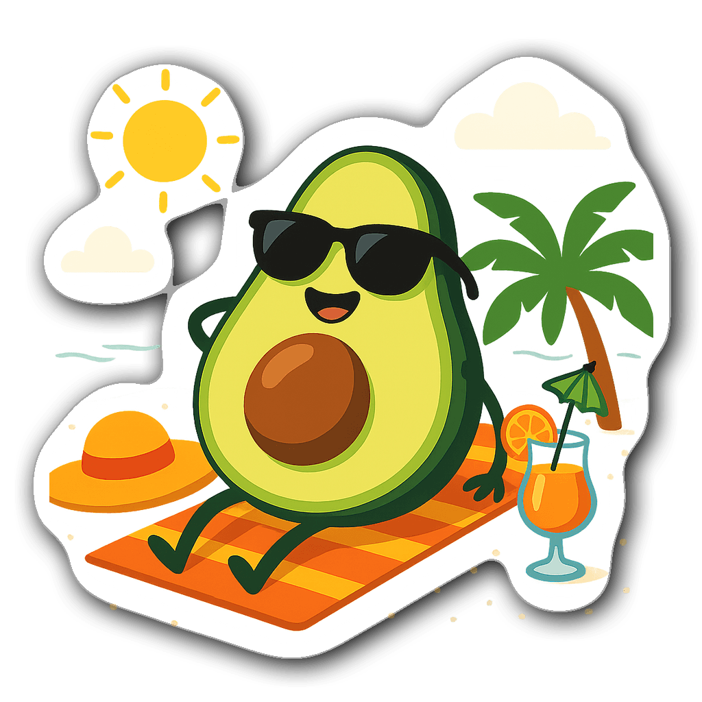 Cheerful avocado wearing sunglasses on a beach towel with accessories