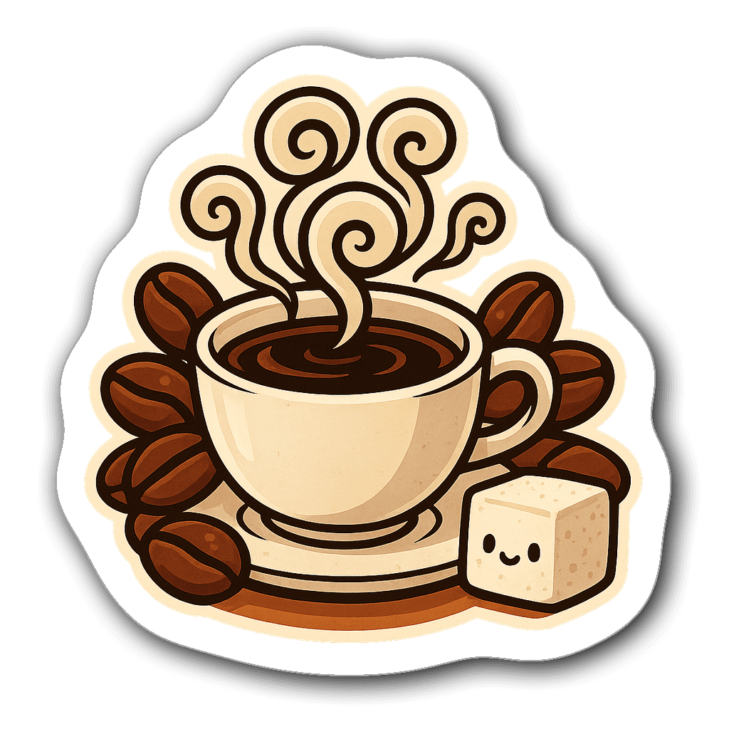 A cup of steaming coffee with whimsical steam and coffee beans.
