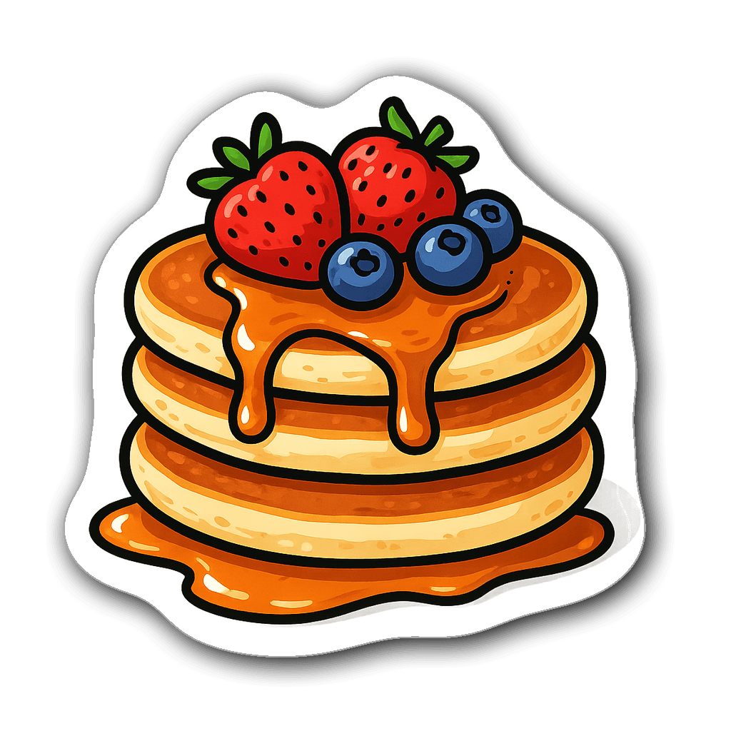 Illustration of three fluffy pancakes with fruits and syrup