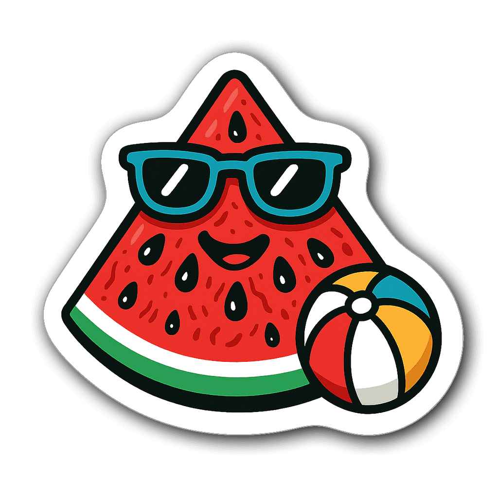 Vibrant watermelon slice sticker with sunglasses and beach ball