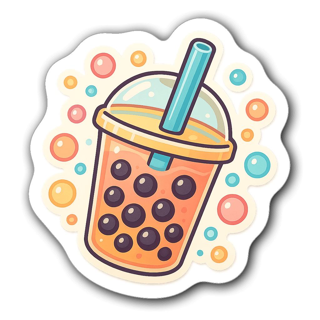 Colorful bubble tea cup die-cut sticker with tapioca pearls
