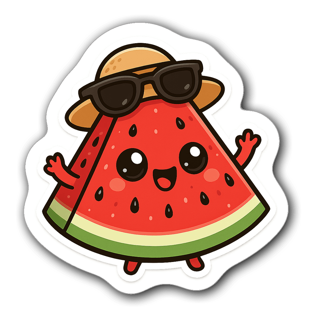 Kawaii chibi-style watermelon sticker with big eyes and sunhat
