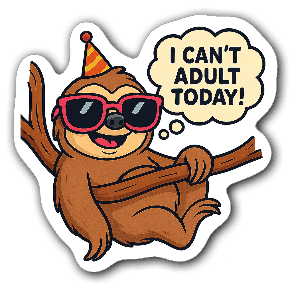 Cartoon sloth hanging on a branch with sunglasses and a party hat