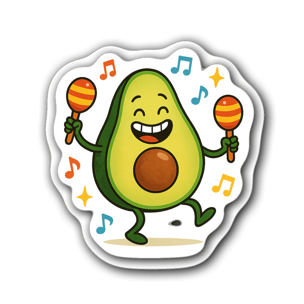 Cheerful avocado dancing with maracas and musical notes