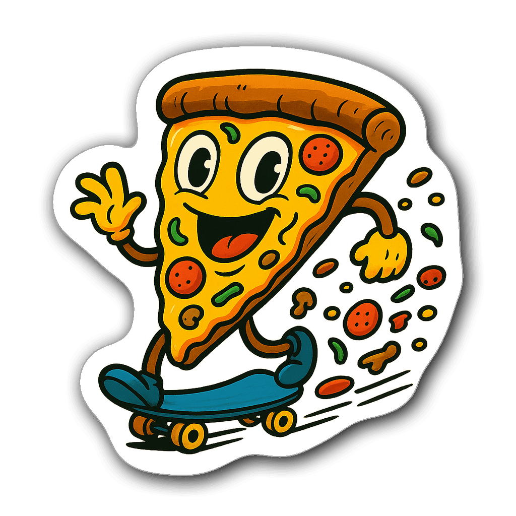A quirky slice of pizza sliding down a skateboard with a big smile