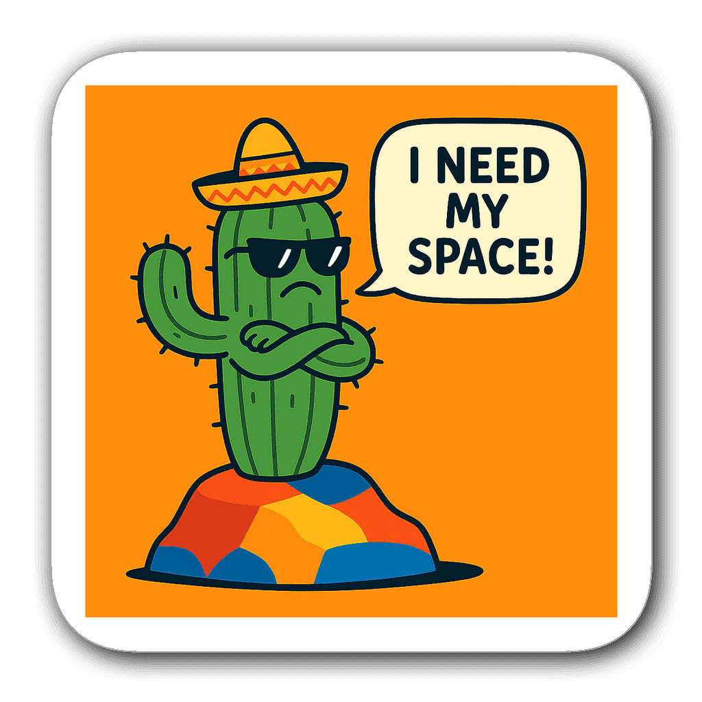 Grumpy cactus with sombrero and sunglasses saying 'I need my space'