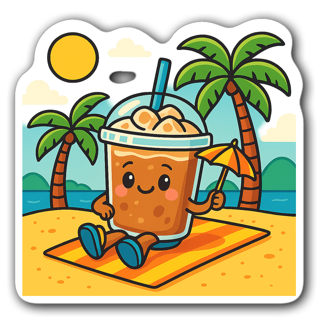 Cute iced coffee cup sticker lounging on a beach towel
