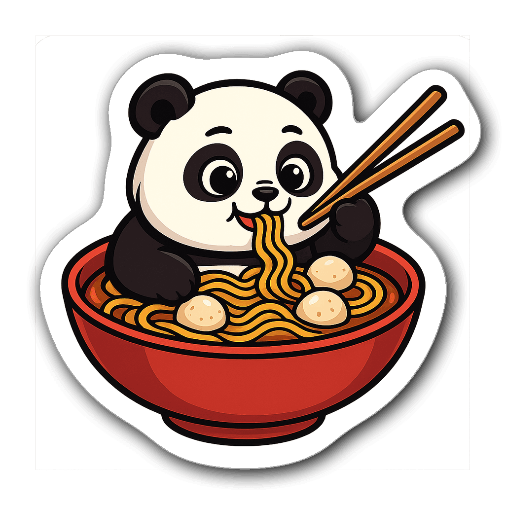 Chubby panda lounging in a bowl of ramen slurping noodles