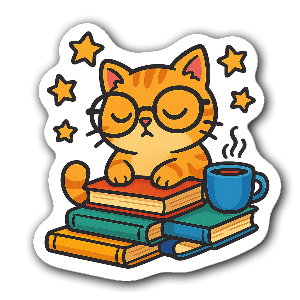 Kawaii chibi style sleepy cat with glasses on books