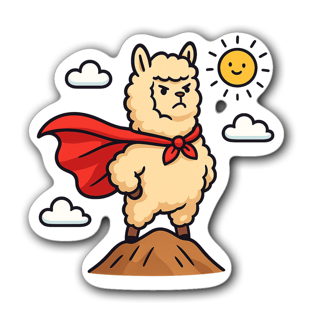 Superhero alpaca with flowing cape standing on a mountain