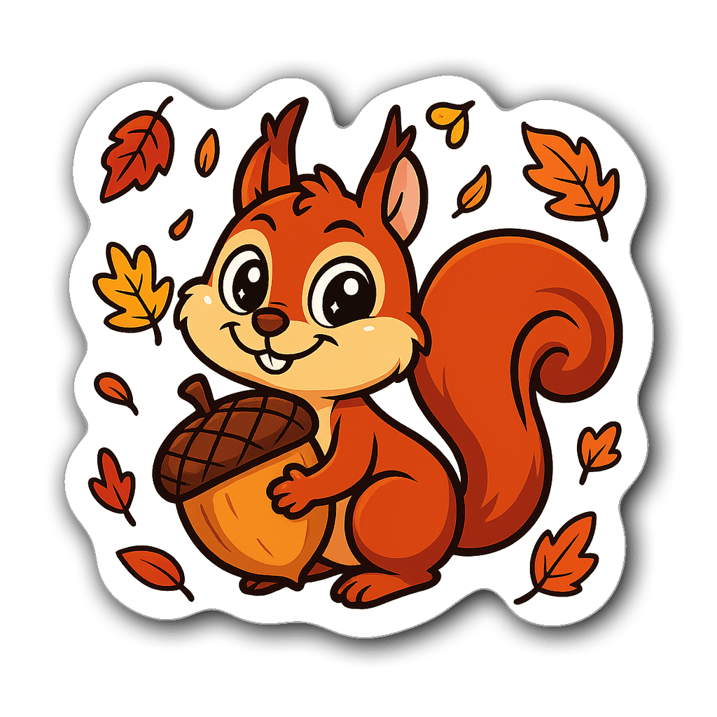 Kawaii sticker of a mischievous squirrel with an acorn