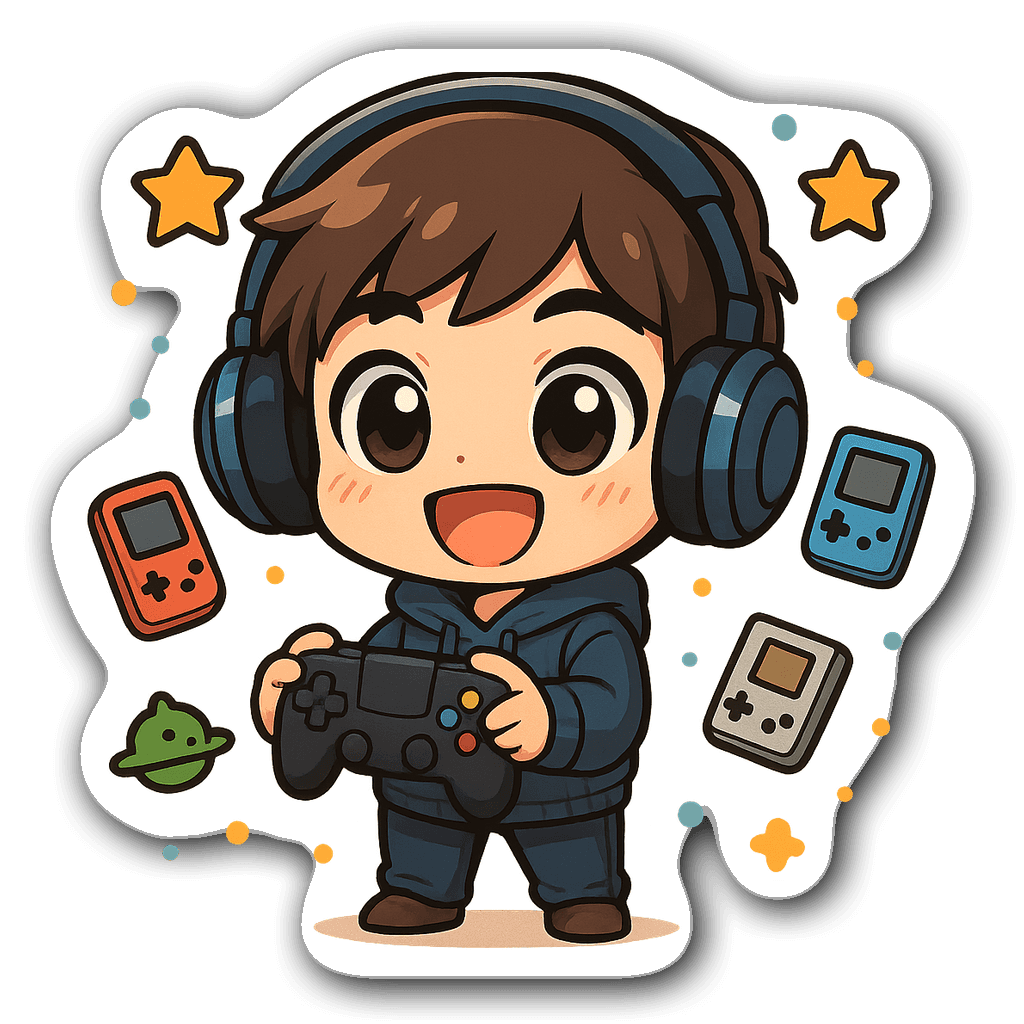 Chibi character in gaming attire with oversized headphones