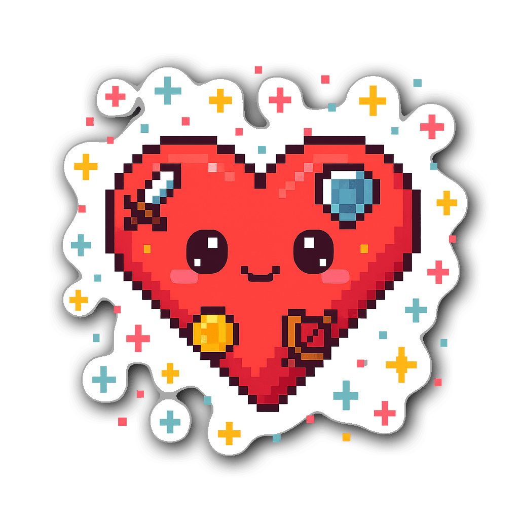 Kawaii chibi pixel heart sticker with big eyes and gaming icons