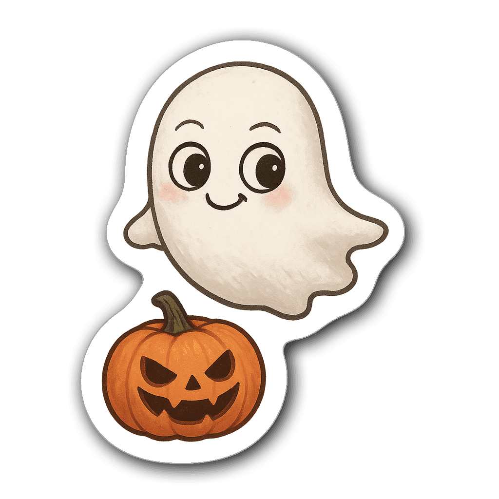 A cute ghost floating above a mischievous pumpkin on a transparent background