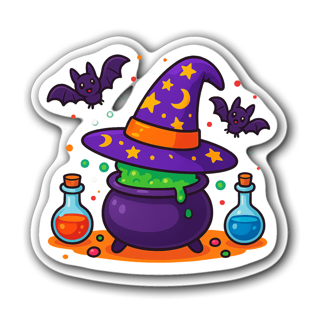 Cartoonish witch's hat on a cauldron with bats and potions