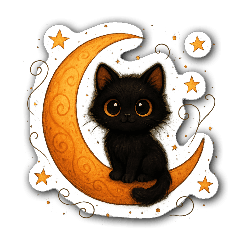 Black cat with big eyes on crescent moon with stars