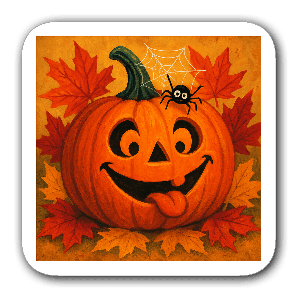 Playful pumpkin with silly face and autumn leaves
