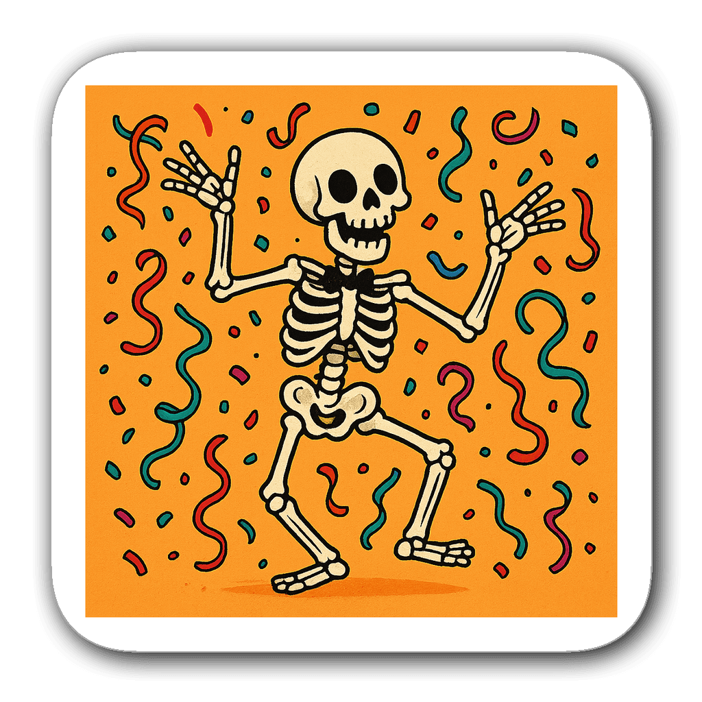 Colorful illustration of a joyful skeleton dancing for Halloween