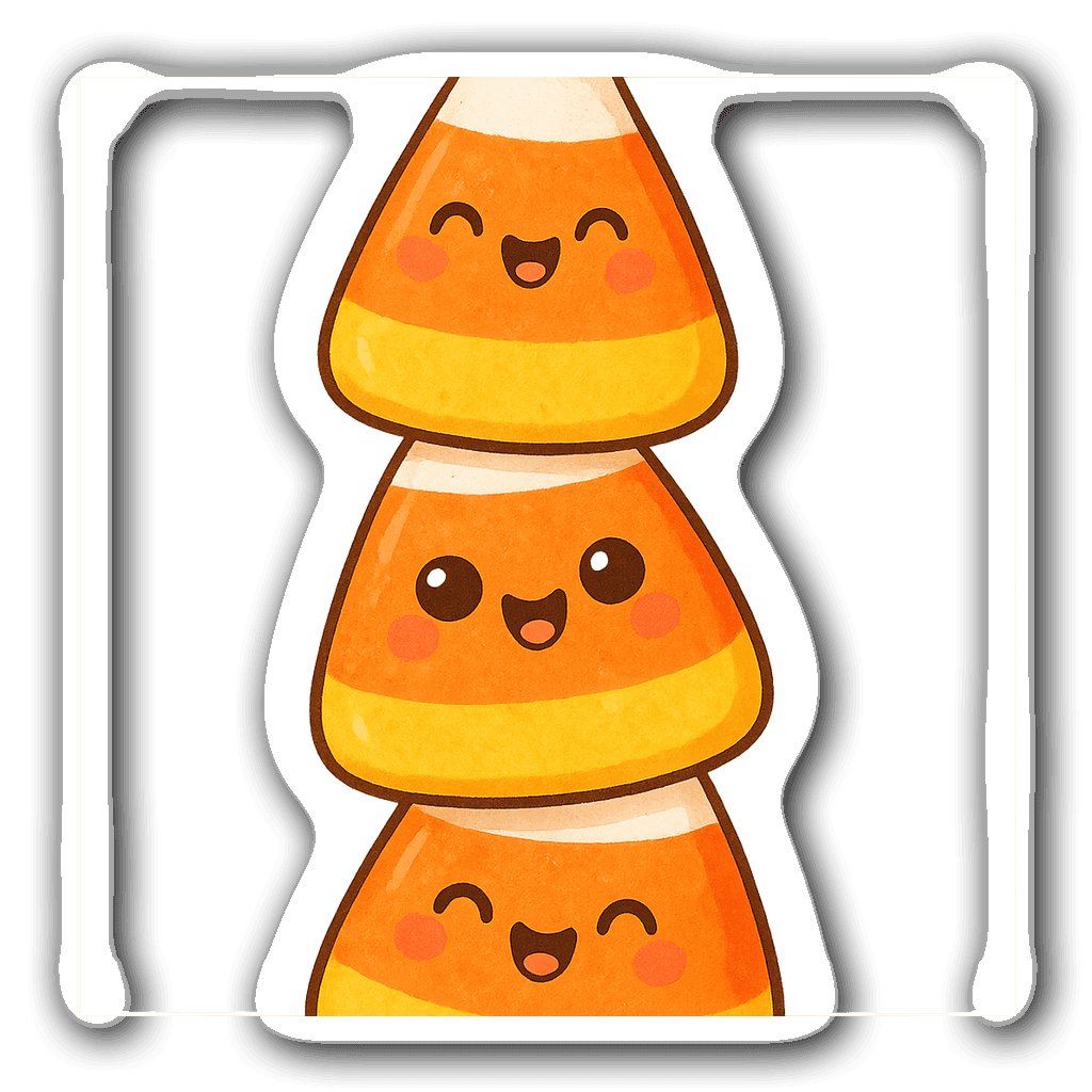 A stack of three whimsical candy corn characters with happy expressions