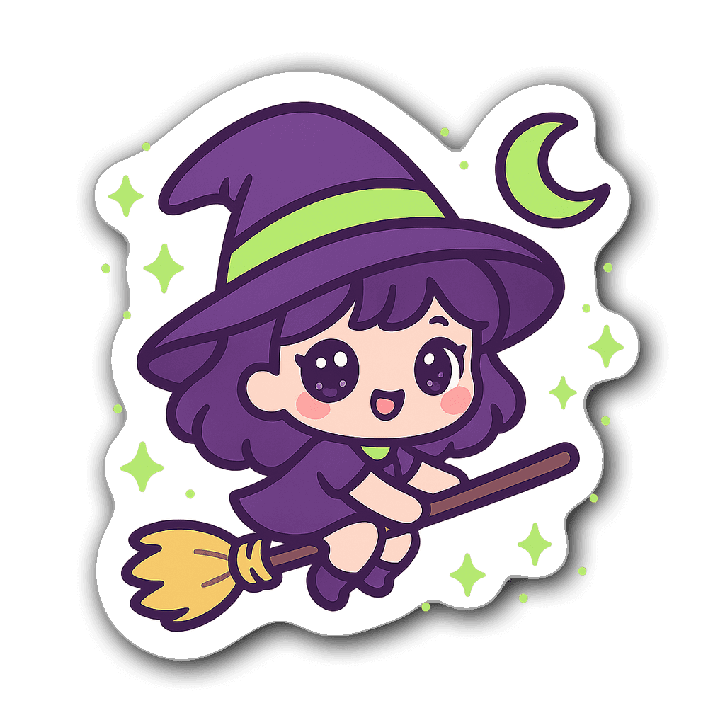 Kawaii chibi witch sticker riding broomstick with sparkles