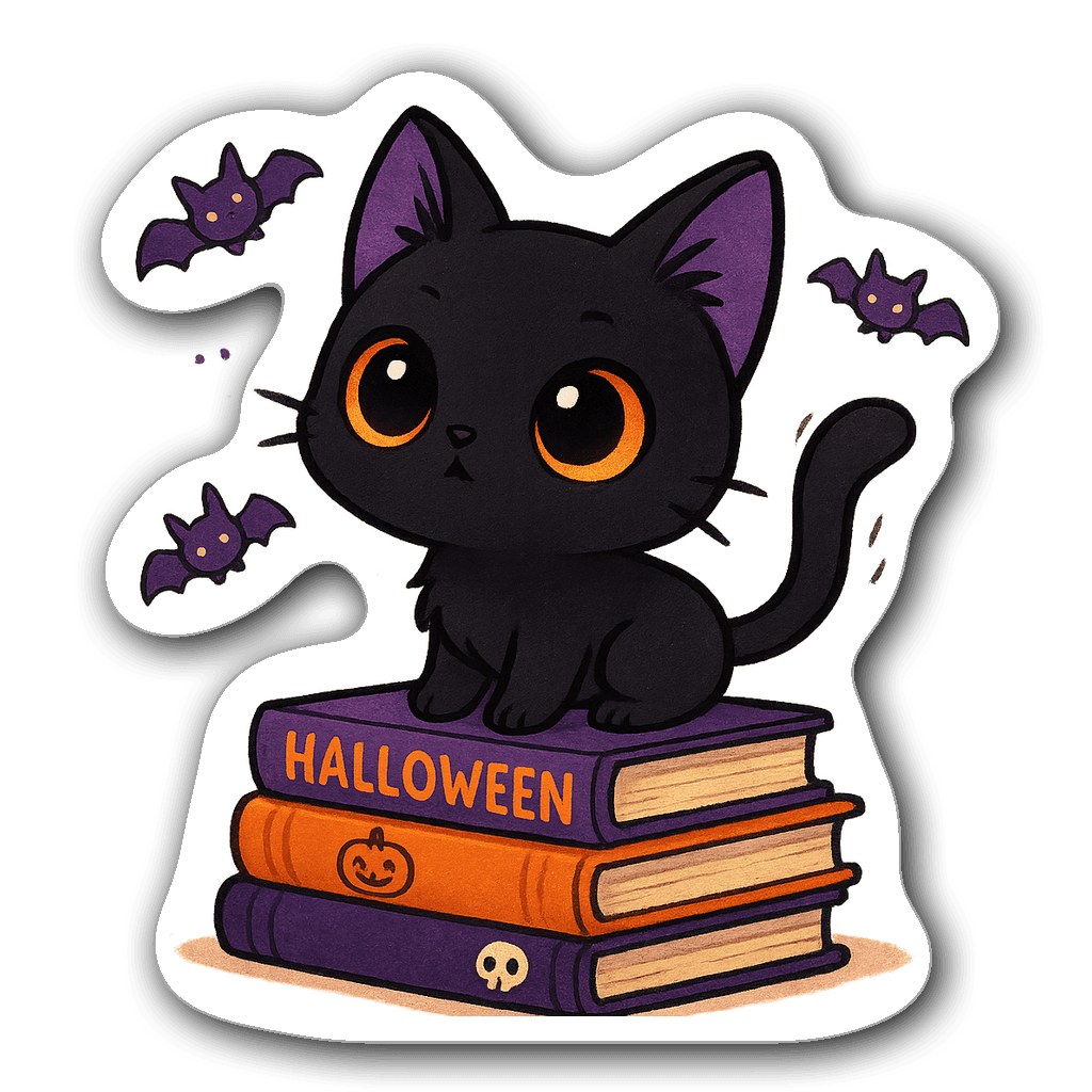 Kawaii chibi black cat sticker with big eyes and Halloween books