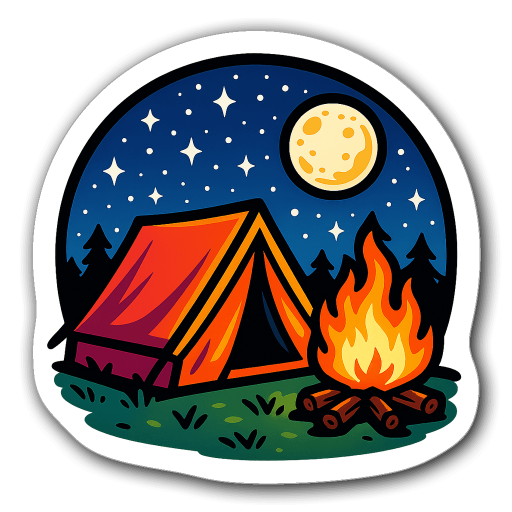 Vibrant camping scene with a colorful tent and campfire