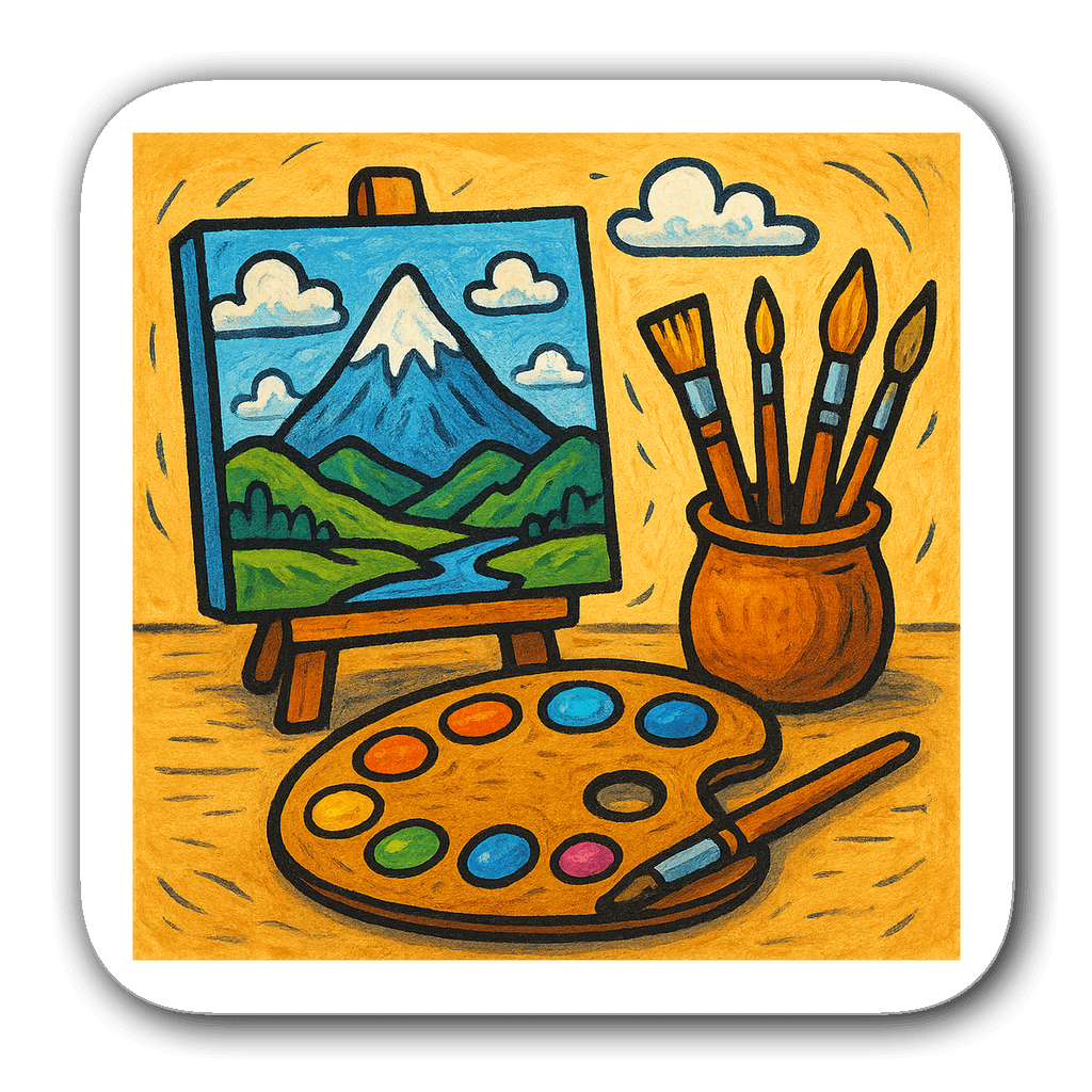 Whimsical painting setup with palette and brushes sticker