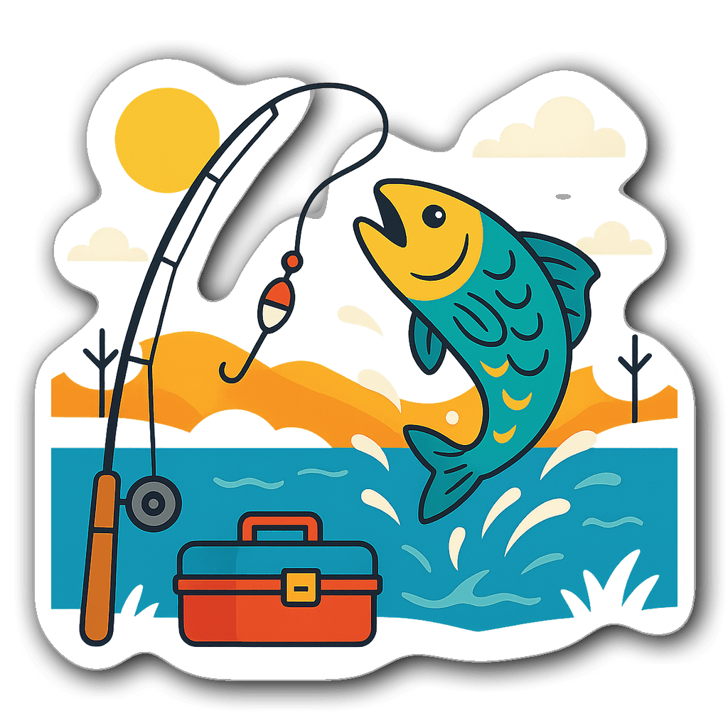 Cheerful fishing design with rod, tackle box and lake scene