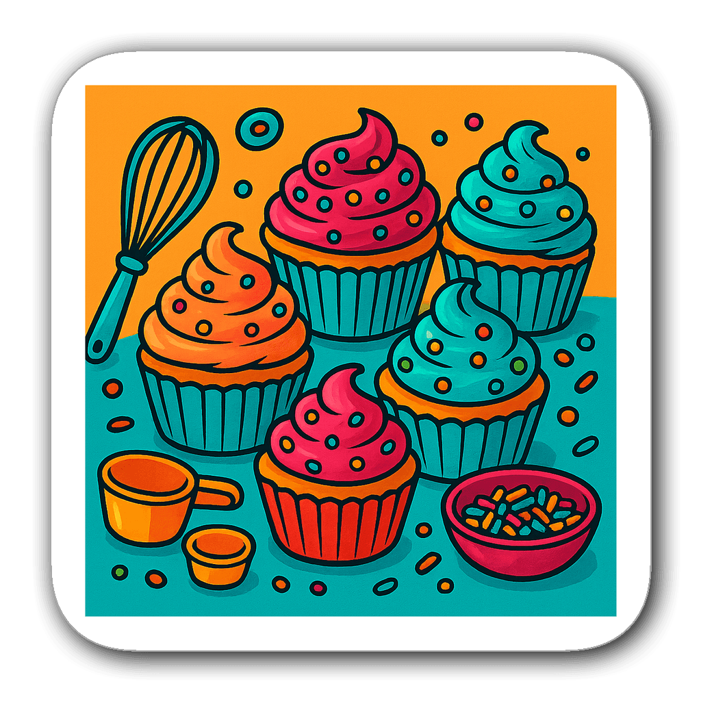 A colorful baking scene with cupcakes and baking tools in vibrant colors.