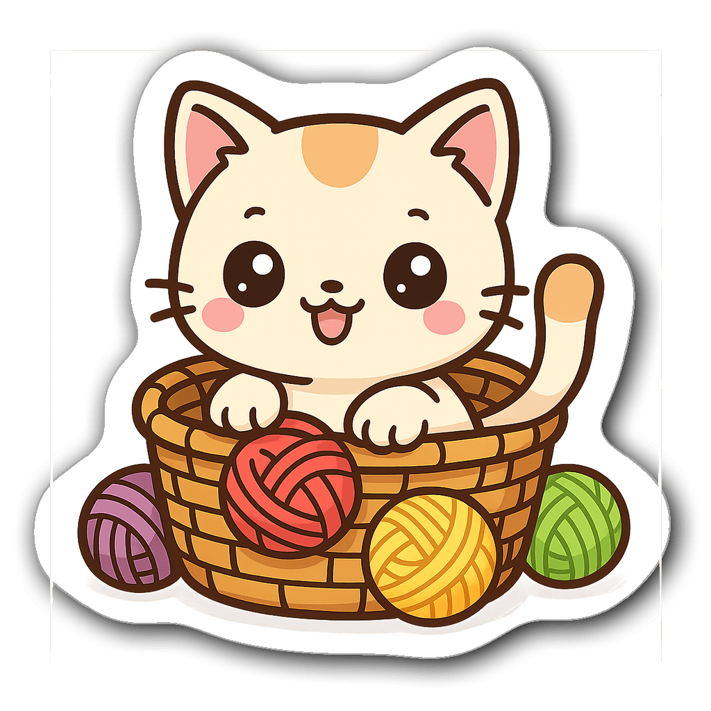 Kawaii cat in a colorful yarn basket with vibrant yarn balls
