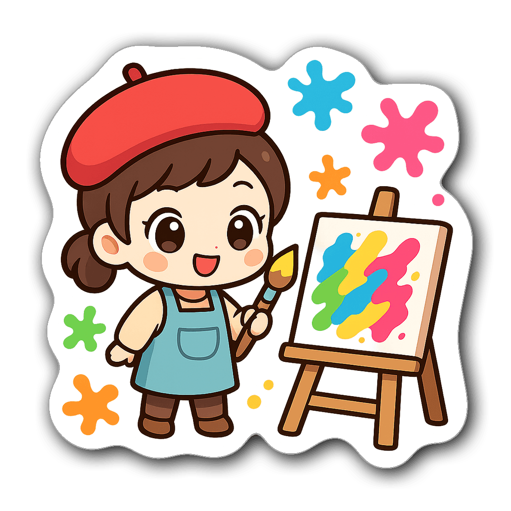 Kawaii chibi style painter with big eyes and colorful paint splashes