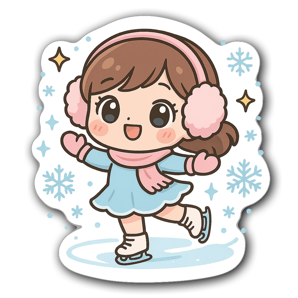 Kawaii chibi ice skater with fluffy earmuffs and pastel colors