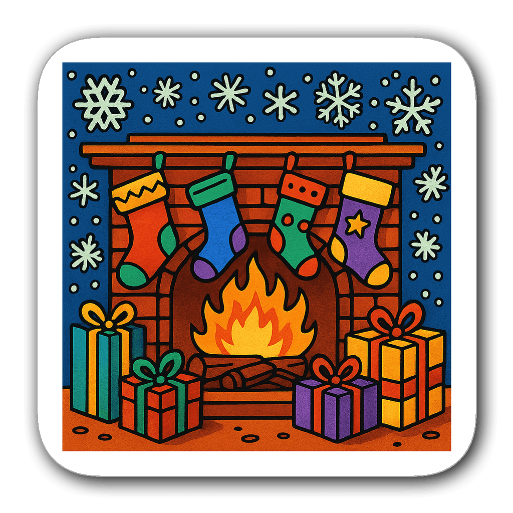A colorful fireplace with stockings, snowflakes, and gifts