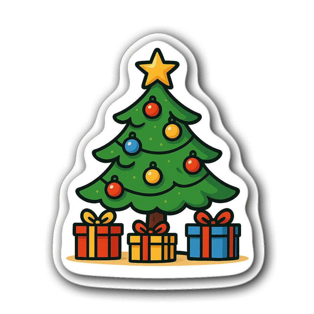 Whimsical Christmas tree adorned with colorful ornaments and presents