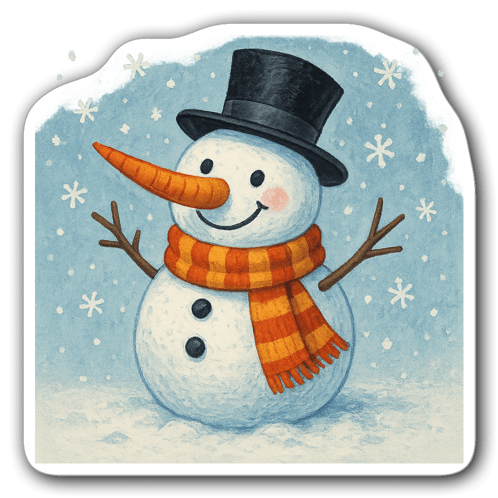 Illustration of a snowman with a bright scarf and top hat