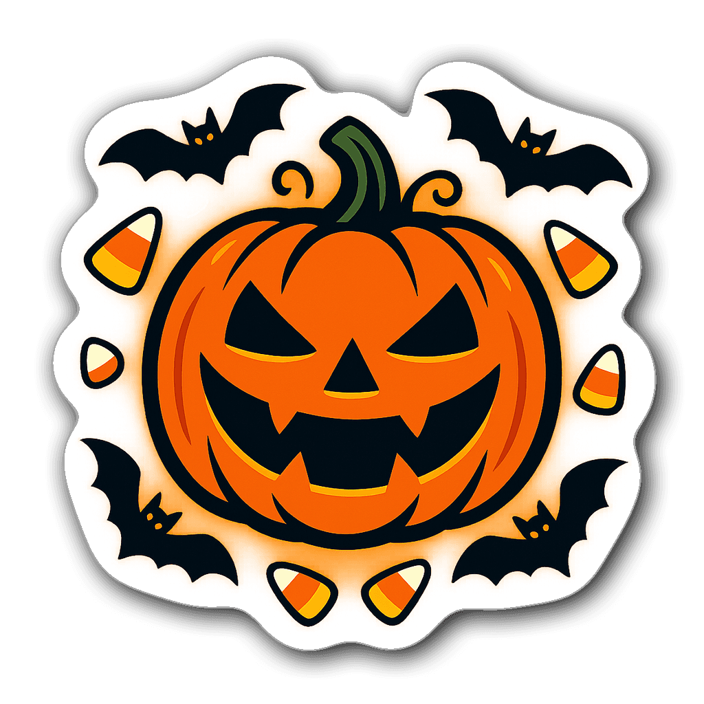 A festive Halloween pumpkin with bats and candy corn