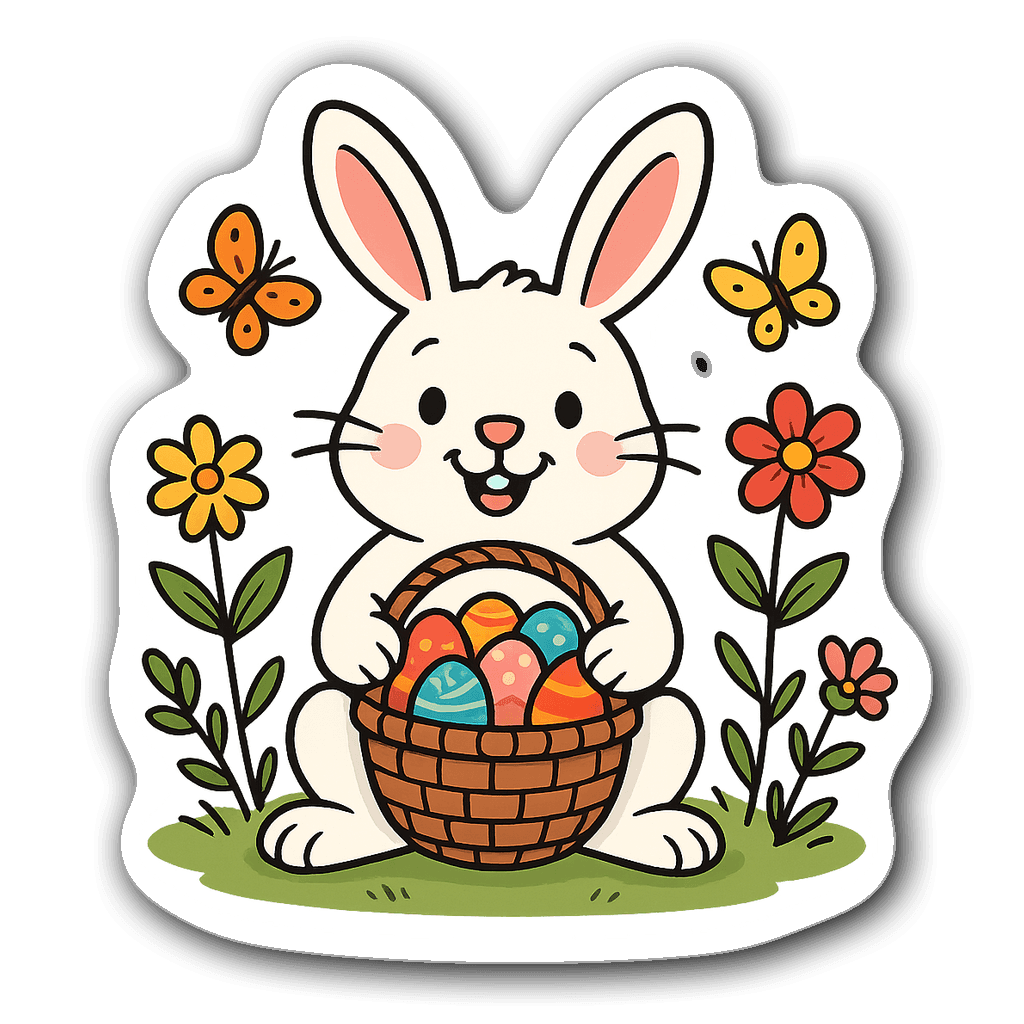 Cheerful Easter bunny holding a basket of colorful eggs