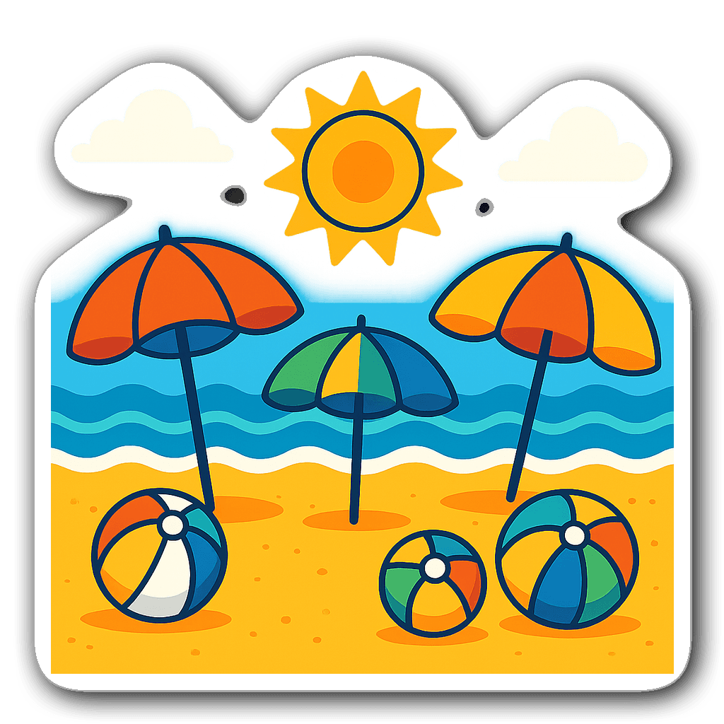 Vibrant summer beach scene sticker with sun and beach balls