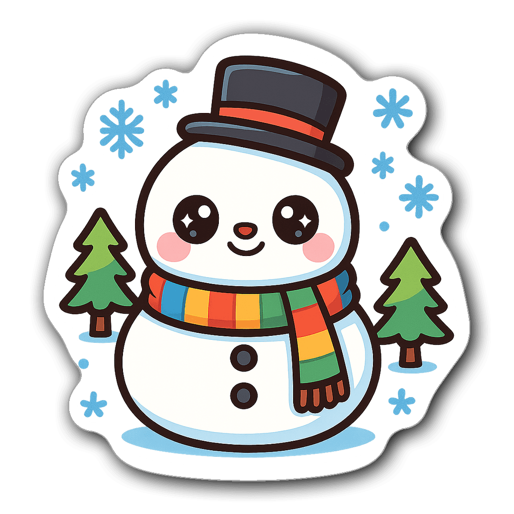 Kawaii chubby snowman with big eyes, colorful scarf, and trees