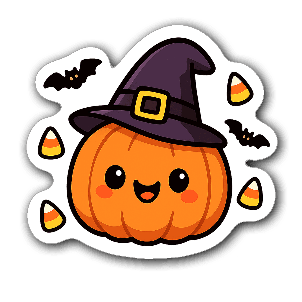 Kawaii chibi pumpkin with witch's hat, bats, and candy corn