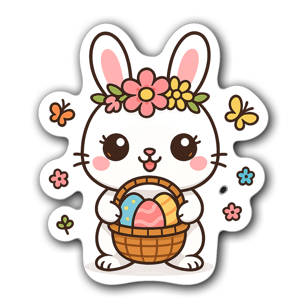Kawaii Easter bunny holding a basket of colorful eggs