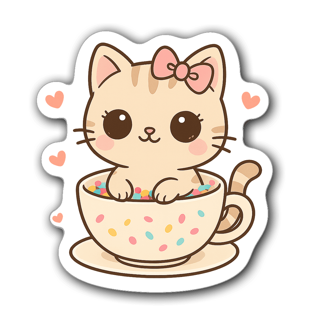 Cute cartoon cat in teacup with confetti and hearts