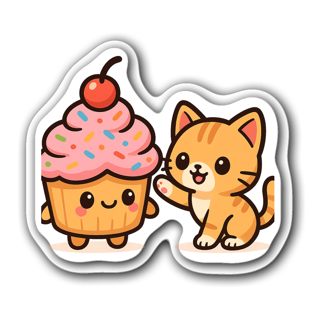 Chibi cupcake character with a smiling face and playful kitten