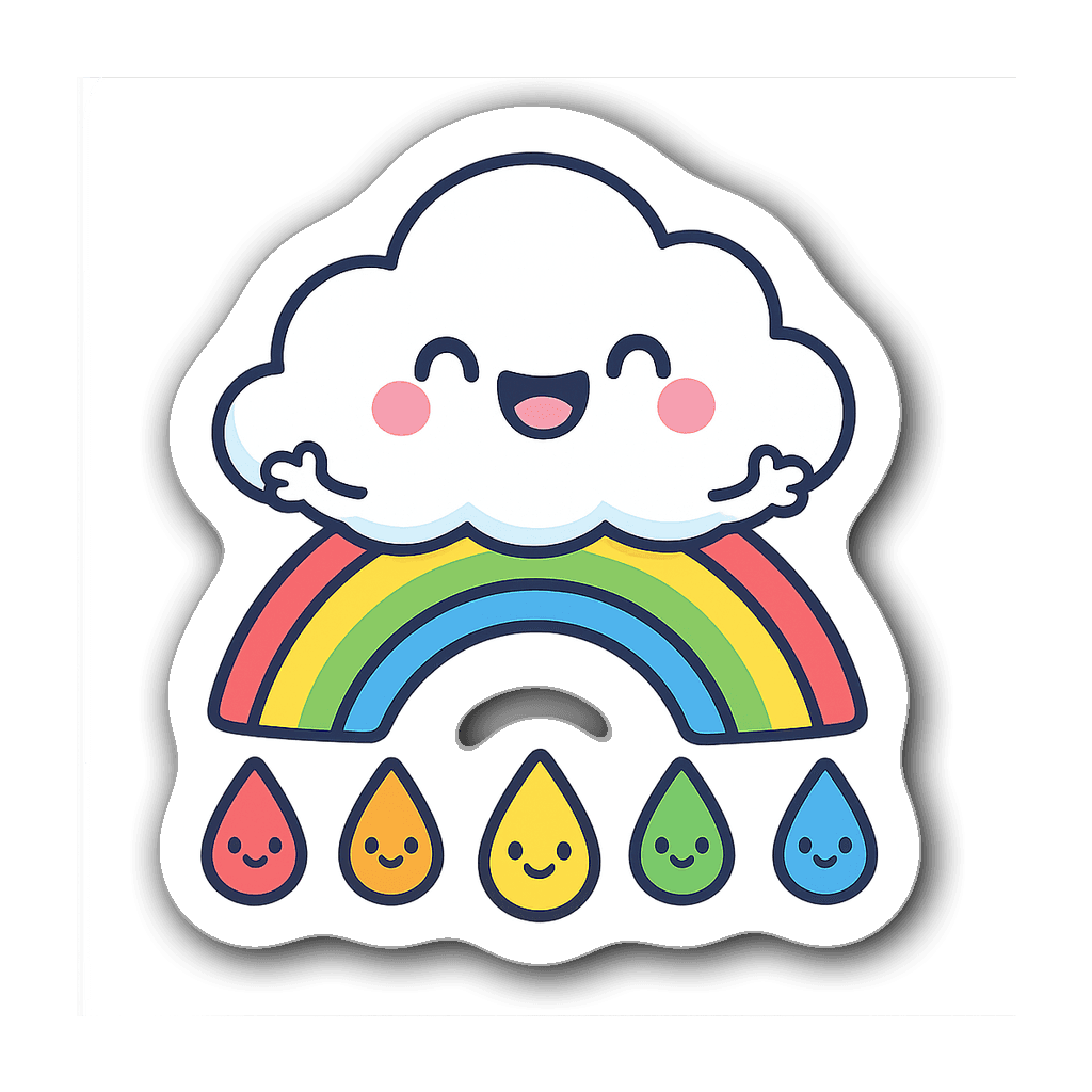 Kawaii-style cloud character with rainbow and raindrops sticker