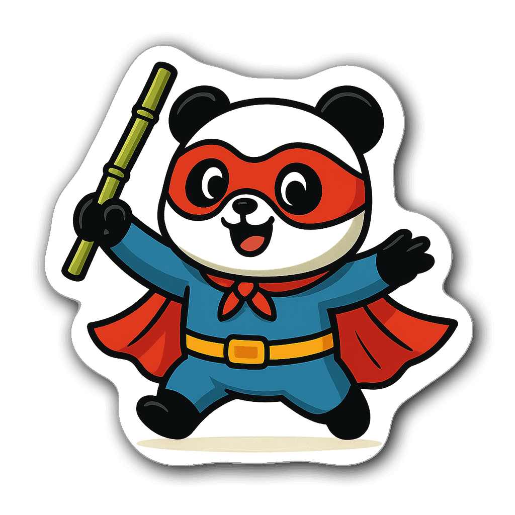 A cute panda dressed as a superhero with a cape and bamboo stick