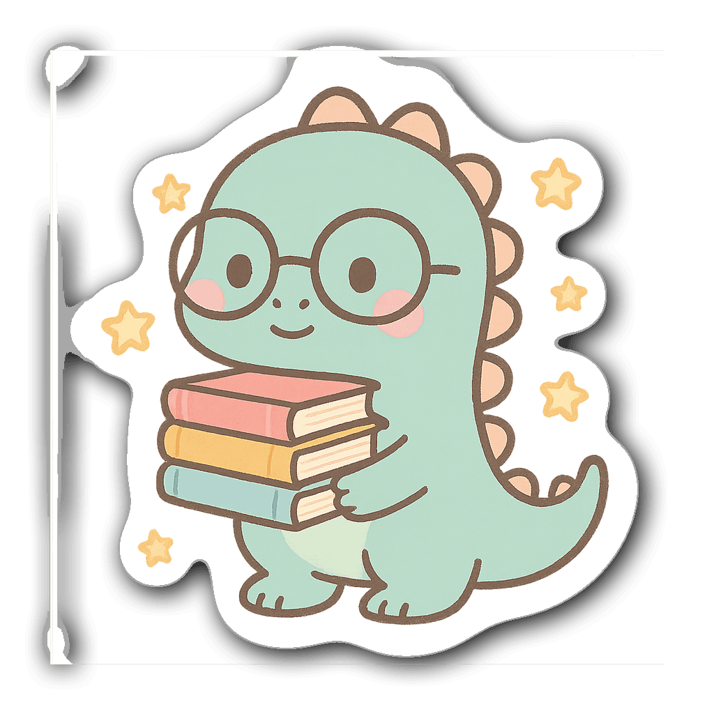 Pastel cute dinosaur character holding books and stars